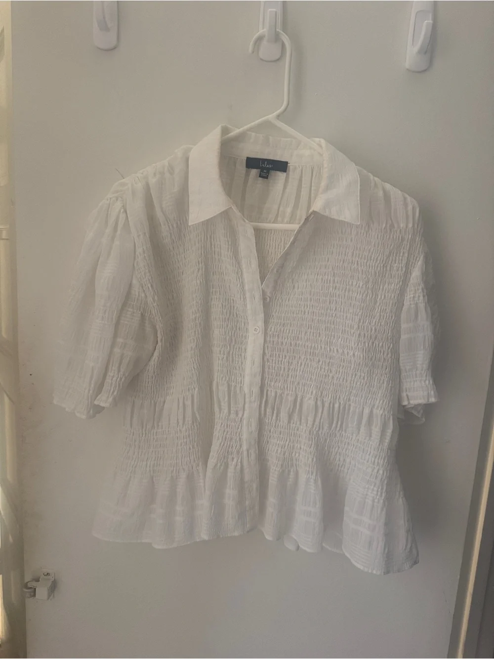 Lulu's White Smocked Button-Down Peplum Blouse